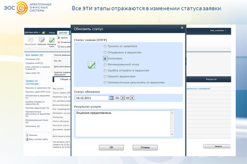 Исполнение заявки на государственную услугу — пример интерфейса системы «ДЕЛО»