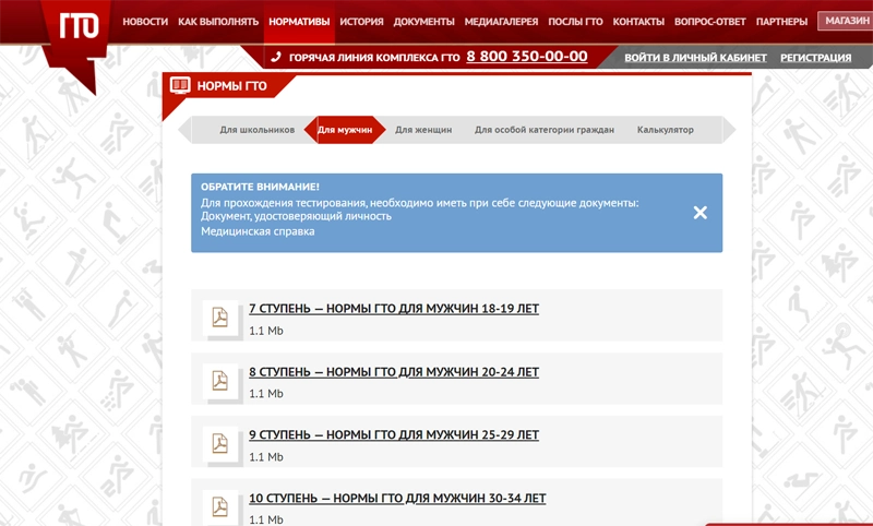 Страница с нормативами для мужчин