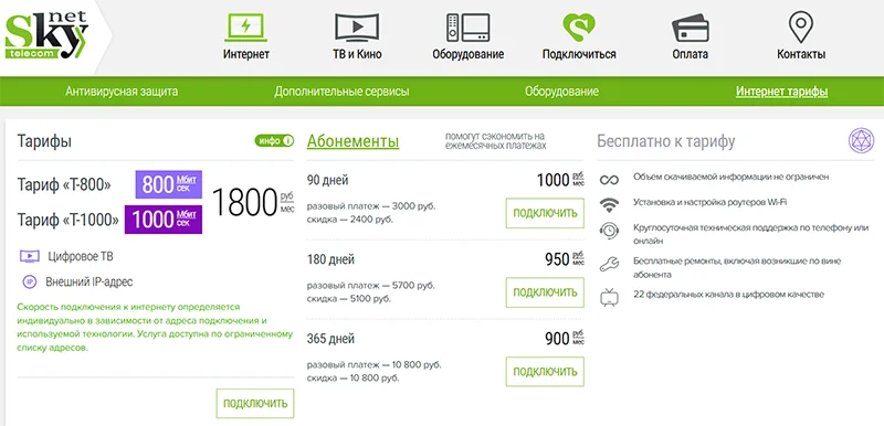 Стоимость тарифов у SkyNet