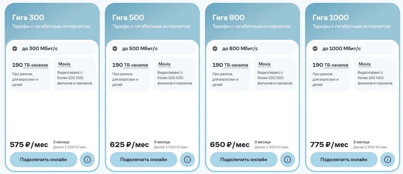 Дом.ru, примеры тарифов на фиксированный интернет