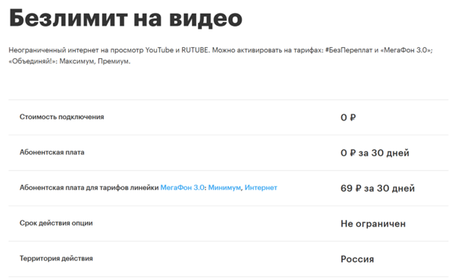 Опция «Безлимит на видео» Опция «Безлимит на видео»