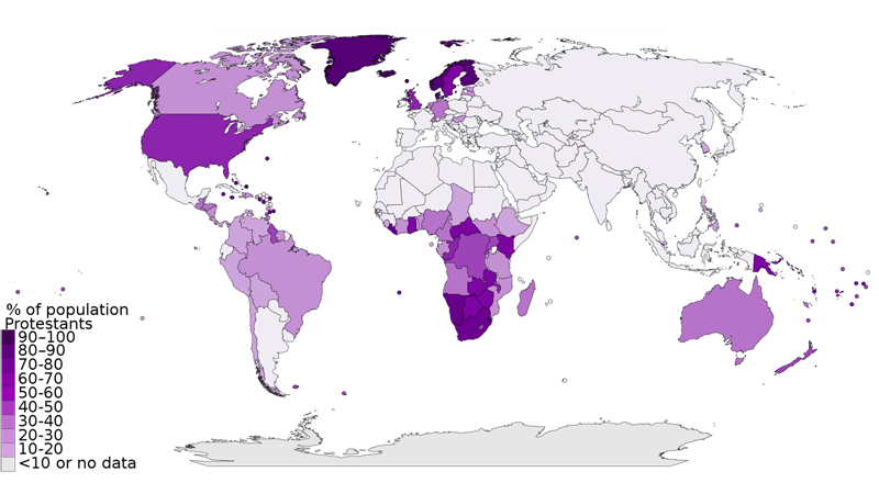 Карта распространения протестантизма в мире