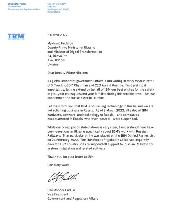 Ответ IBM в адрес Михаила Федорова, руководителя Министерства цифровой трансформации Украины, на его обращение в адрес CEO Арвинда Кришна. Источник: Twitter