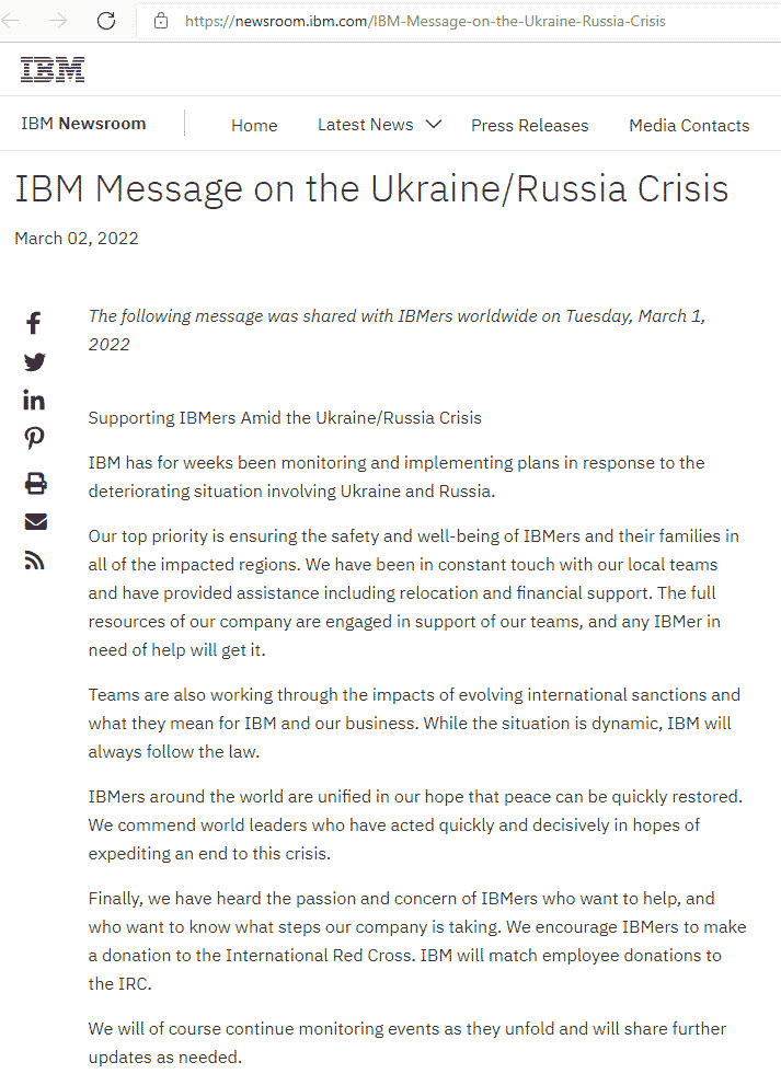 Обращение гендиректора IBM Арвинда Кришны к сотрудникам компании от 2 марта 2022 года. Источник: IBM